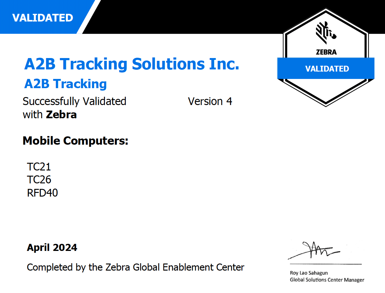 Zebra Validated Certificate